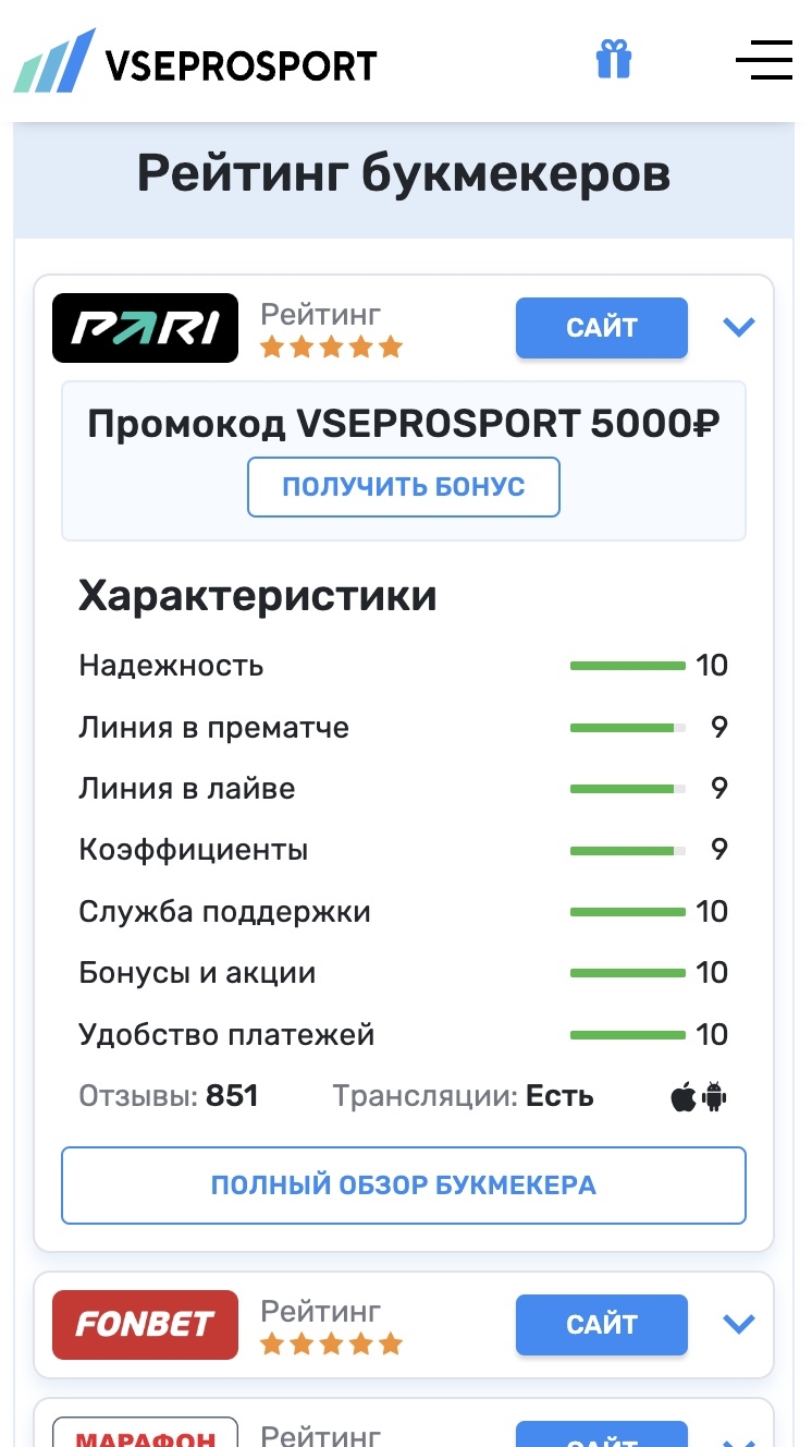 Прогноз на спорт на сегодня от рейтинг букмекеров